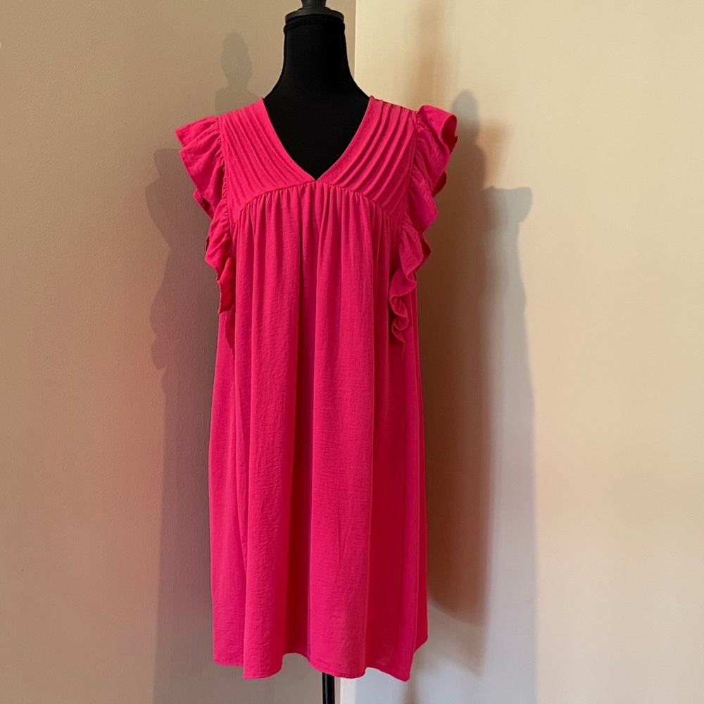 Umgee Hot Pink Ruffle Sleeve Mini Dress